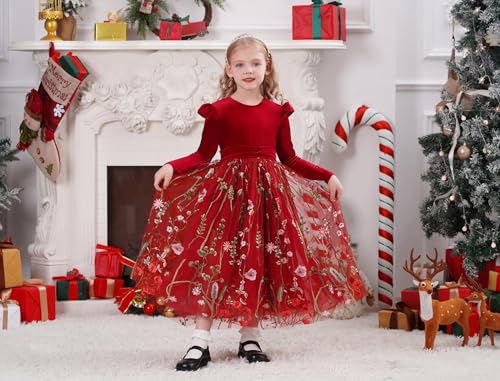 Kids Girls Fall Winter Long Sleeve Velvet Flower Floral Embroidery Ruffle Tulle Tutu Dress Princess Party Dresses4
