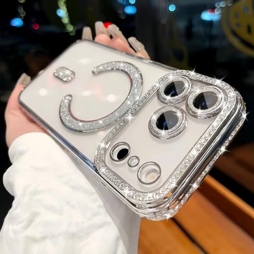 Image of for iPhone 17 Pro Max Magnetic Glitter Case,Luxury Bling Rhinestone Diamond Plated Bumper Case Sparkle Camera Lens Protection Clear Cover for iPhone 17 Pro Max (Silver)