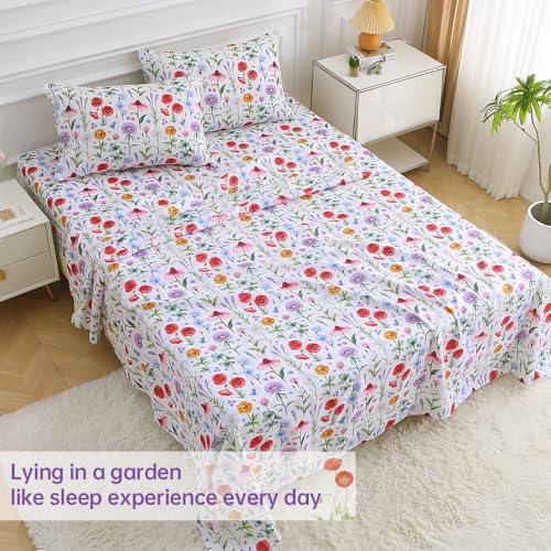 Image of MUXHOMO Queen Size 4 Piece Sheet Set, Soft & Breathable Sheet with Deep Pocket Up to 16 inch, Wrinkle-Free & Cooling Bed Sheet with Flat Sheet, Fitted Sheet & Pillowcases - Multicolored Flower