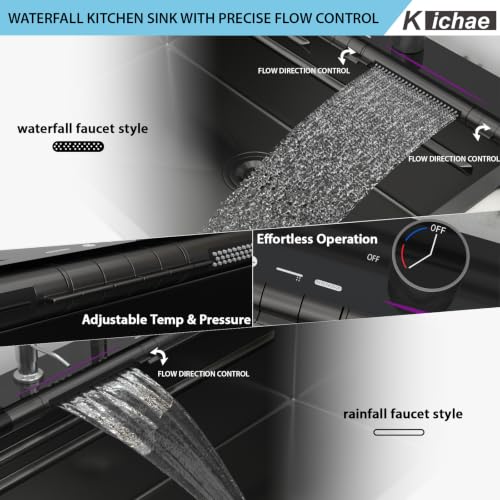 Image of Kichae 33x22 Drop In Waterfall Kitchen Sink Black Stainless Steel 16 Gauge
