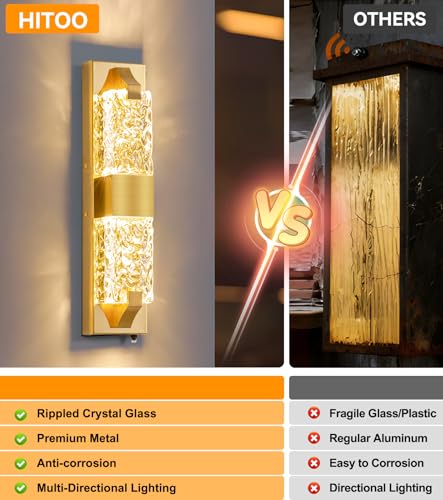 Image of 18.5 inch Gold Outdoor Wall Light Fixture,12W Dusk to Dawn LED 1-Pack | IP65 Waterproof, Ripple Crystal, Hardwired Modern Exterior Sconce, Auto On /Off, for Porch Patio Hallway Entryway House