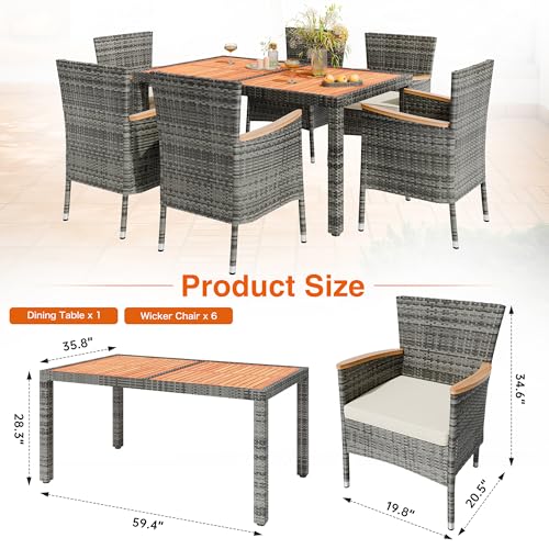 Image of Shintenchi 7 PCS Patio Dining Set, Wicker Patio Conversation Set with Wooden Table Top, Outdoor Table and Chairs with Soft Cushions for Backyard, Deck and Garden, Grey Rattan