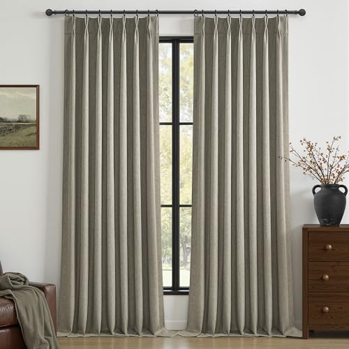 Image of Grey Green Blackout Linen Curtains 102 Inches Long for Living Room Bedroom, Pinch Pleated Boho Light Drapes Viral Window Curtain with Pinch Pleat Clips Thermal Insulated for Winter(40 inchWx102 inchLx2Panels)