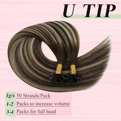 Image of YoungSee U Tip Hair Extensions Human Hair Balayage Utip Hair Extensions Ombre Dark Brown with Ash Blonde Utips Hair Extension Real Human Hair Ombre Ktip Extension for Long Hair 24In 1G /S 50G