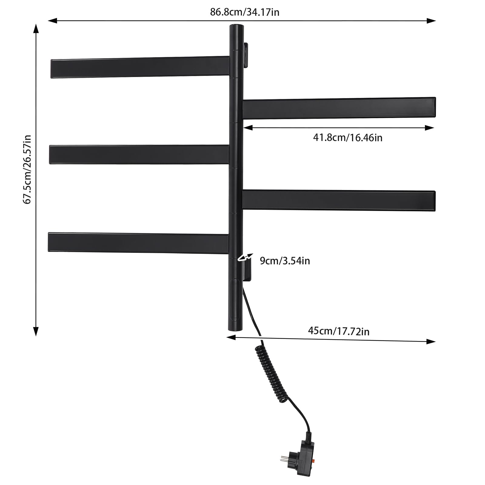 Handtuchheizkörper Elektrisch Handtuchtrockner 180° Drehung mit 5 Heizstäbe und Timer 30-70℃ 120W Handtuchwärmer Badheizkörper Schwarz IPX5