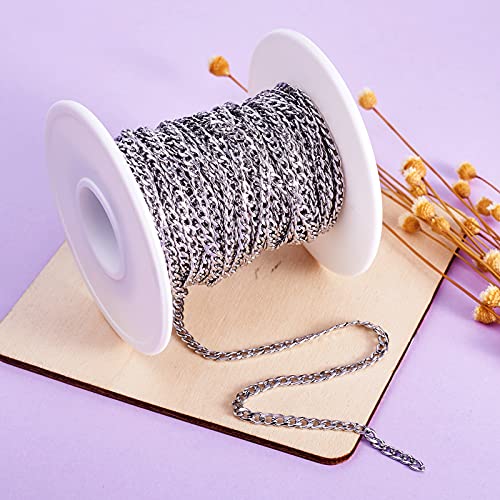 Pandahall 10M/32.8 Feet 304 Stainless Steel Curb Cuban Link Chain Twisted Cross Unwelded Connector Necklace Finding For Men Women Multi-Layer Bracelet Anklet Jewelry Making 5X3X0.8Mm #TOP3