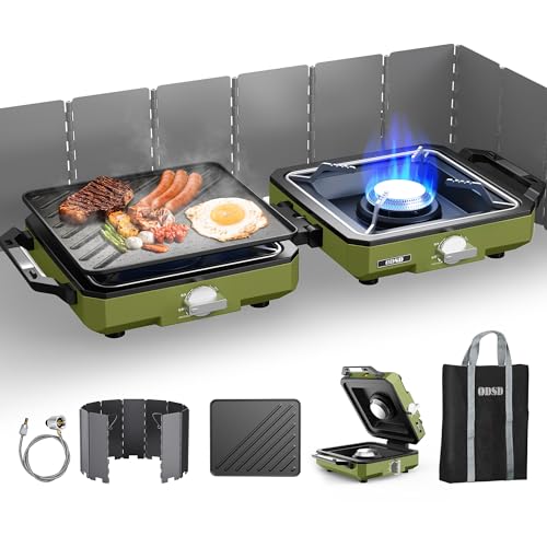 ODSD 2 Burner Camping Stove with Windshield, 20000 BTU Propane