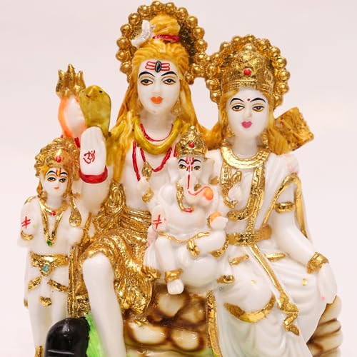 Image of Gold Plated Shiv Parivar Murti Marble Dust Statue for Home Mandir Pooja Room Office Gift | Shiv Parvati Shiva Family Idol Kartikey Statue Standard Size- Multicolor (8 Inch (20cm))