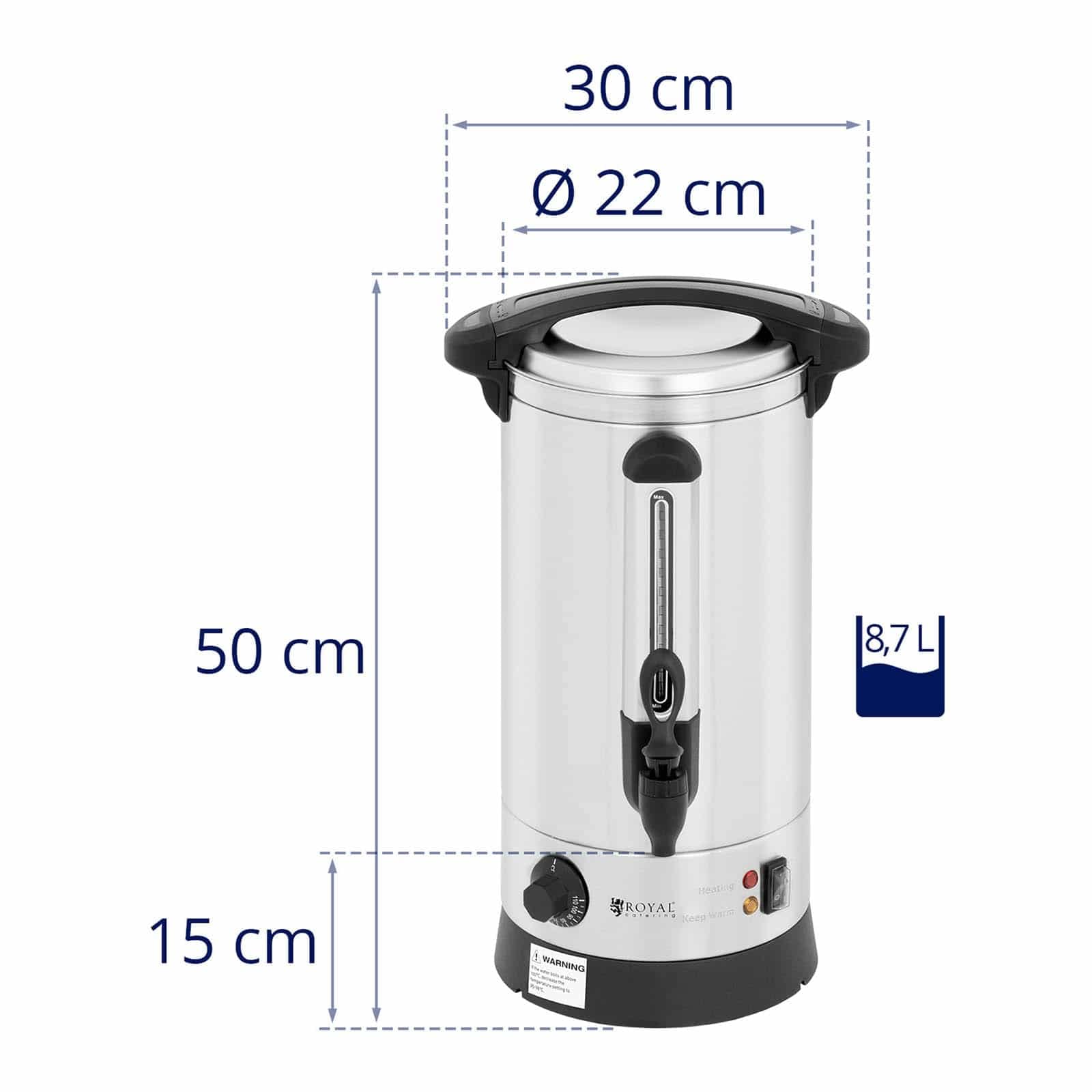 Royal Catering Bollitore Elettrico A Doppia Parete Dispenser Bevande Calde RC-WBDW9 (8,7 litri, 1500 W, Inox)