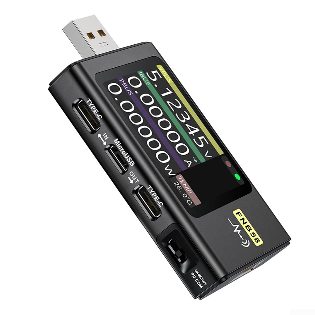 FNB58 USB Spannungs- und Strommessgerät Tester mit 5.1 cm LCD-Display für schnelle Ladungserkennung und Kapazitätsmessung, Schwarz