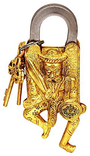 Image of Indian Art Villa Ancient Warrior Design Brass Pad Lock with 2 Keys, Door Lock Security Safety, Height 6 inch Inch, Gold