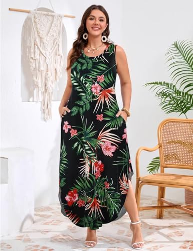 Image of JollieLovin Women Plus Size Summer Tank Maxi Dresses Sleeveless Causal V Neck Beach Long Dresses Swim Cover up (L-5X)