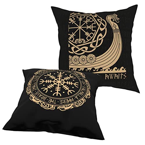Aoopuc Black Celtic Viking Runic Compass Cushion Cover Throw Pillow Covers Set Of 2 Outdoor Circle Of Norse Runes Dragons Tattoo Couch Pillow Case Cotton Linen 18 X 18 In For Sofa Bedroom #TOP1