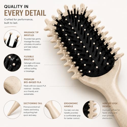 Image of Combelle 5-in-1 Curl Hair Brush | Vegan Boar Bristles | Bio-Based PLA Handle | Detangling, Defining & Frizz Control for Curly & Wavy Hair | For Men & Women - Beige