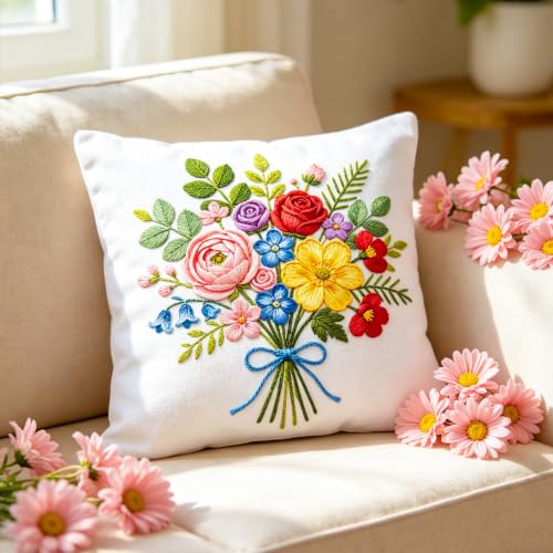 Image of BEUNITONE 4pcs Embroidery Kit, Flower Stamped Embroidery Kits with Hoop, Thread & Needles, Colorful Bouquet Cross Stitch Kits Sewing Gifts for Adults and Beginners, DIY Craft for Relaxation