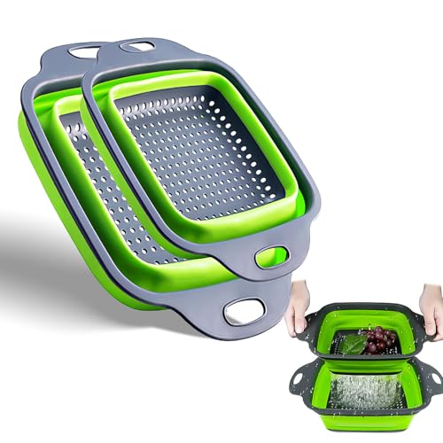 2 Pack Collapsible Colander Set, Square Silicone Foldable Filter Drain Baskets with Handles, Kitchen Strainer for Draining Pasta Vegetables Fruits, Silicone Colanders & Food Strainers, Green