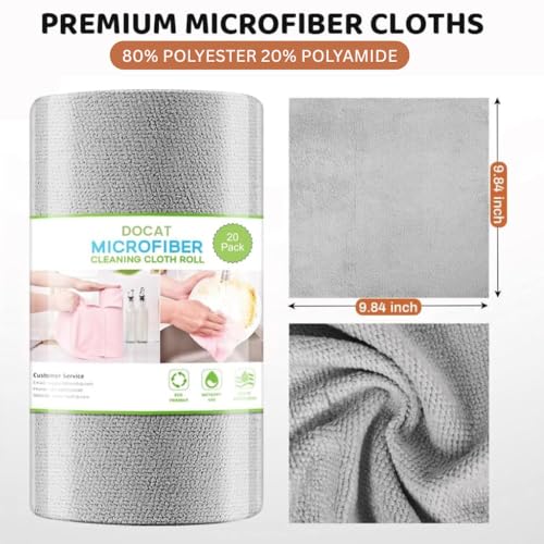 Image of DOCAT Microfiber Cleaning Cloth Roll 25x25 cm, Reusable and Washable Tear-Away Kitchen Towel Roll, Very Soft Cleaning Cloths for Home, Kitchen, Office, Electronics, Car Cleaning (Grey, 20 Pack)