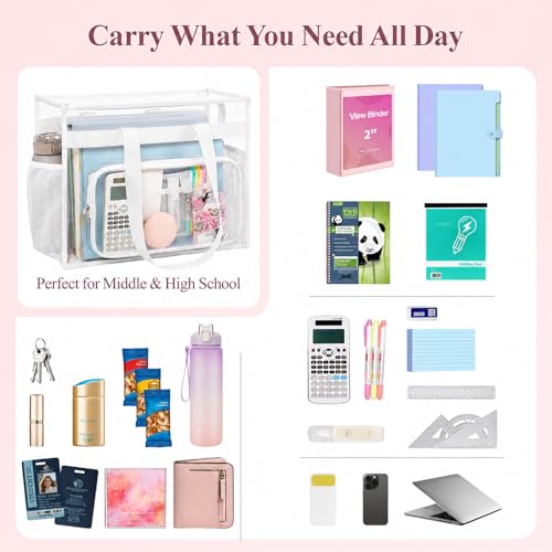 Image of PACKISM Clear Tote Bag for School - Large Heavy Duty Clear Tote for Girls | See Through PVC, Wide Zipper Opening, Front Pocket Keeps Essentials Visible for Students, Class, Work, Daily Carry, Age 12+