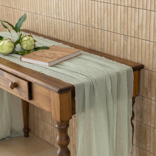 Image of 2Pcs Sage Green Cheesecloth Table Runner 120 Inches for Party Home Decor
