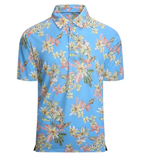 Mens Hawaiian Golf Shirt Moisture Wicking Print Polo,Yellow Flower,XL