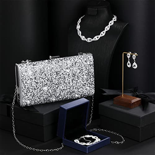 Tiamon 4 Pcs Women Rhinestone Jewelry Set Silver Accessories for Evening Wedding Party Christmas Gift3