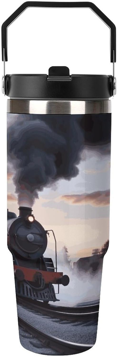Steam Train Depart Sunset Water Bottle 30 Oz Fits Car Cup Holder,Insulated Coffee Mug Large Capacity Car Cups,Stainless Steel Double Wall Sport Bottle for Travel Sports Gym