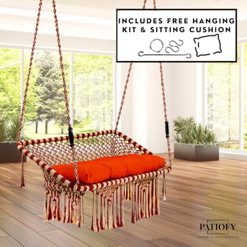 Image of Patiofy Premium Large Double Seater Swing Hanging Hammock Swing Chair for 2 People /Jhula for Adults / 2 Seater Swing for Balcony /Includes Free Hanging Kit & Cushion (Red Golden)