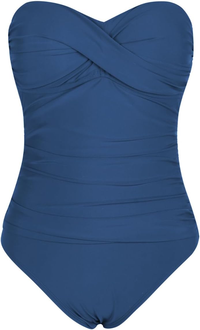Hilor Women's Bandeau One Piece Swimsuits Front Twist Swimwear Ruched Bathing Suits Tummy Control - Image 6