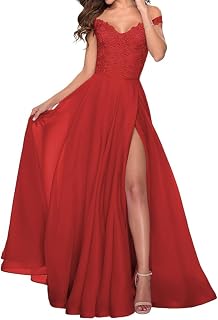 Schulterfreies Brautjungfernkleid, Spitzenapplikation, Chiffon, Ballkleider mit Schlitz, formelle Abendparty, Maxikleid ZMAH389