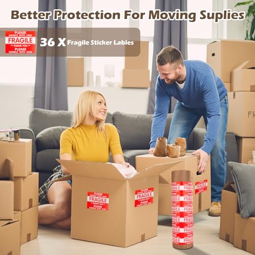 Wabenpapier Verpackungspapier Rolle 38cm x 70m, Braunes Verpackungsmaterial Verpacken Papier enthält 36 Aufkleber für zerbrechliche Gegenstände, Luftpolsterfolie Alternative für Polsterpapier