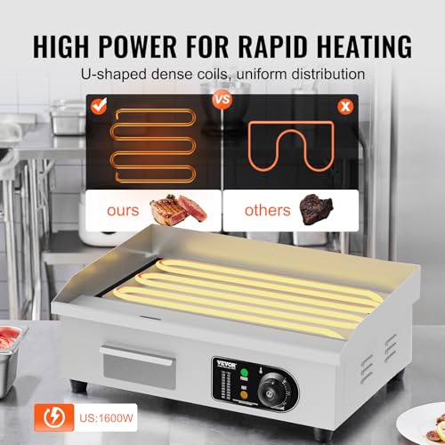 Image of VEVOR Commercial Electric Griddle, 1600W Countertop Half-Flat Top Grill, 22in Stainless Steel Griddle Grill with 2 Shovels and 2 Brushes for Home or Restaurant, 122℉-572℉ Adjustable Temp
