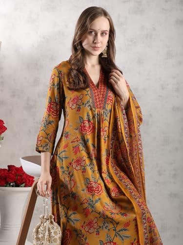 Image of GoSriKi Women's Rayon Viscose Anarkali Printed Kurta with Palazzo & Dupatta