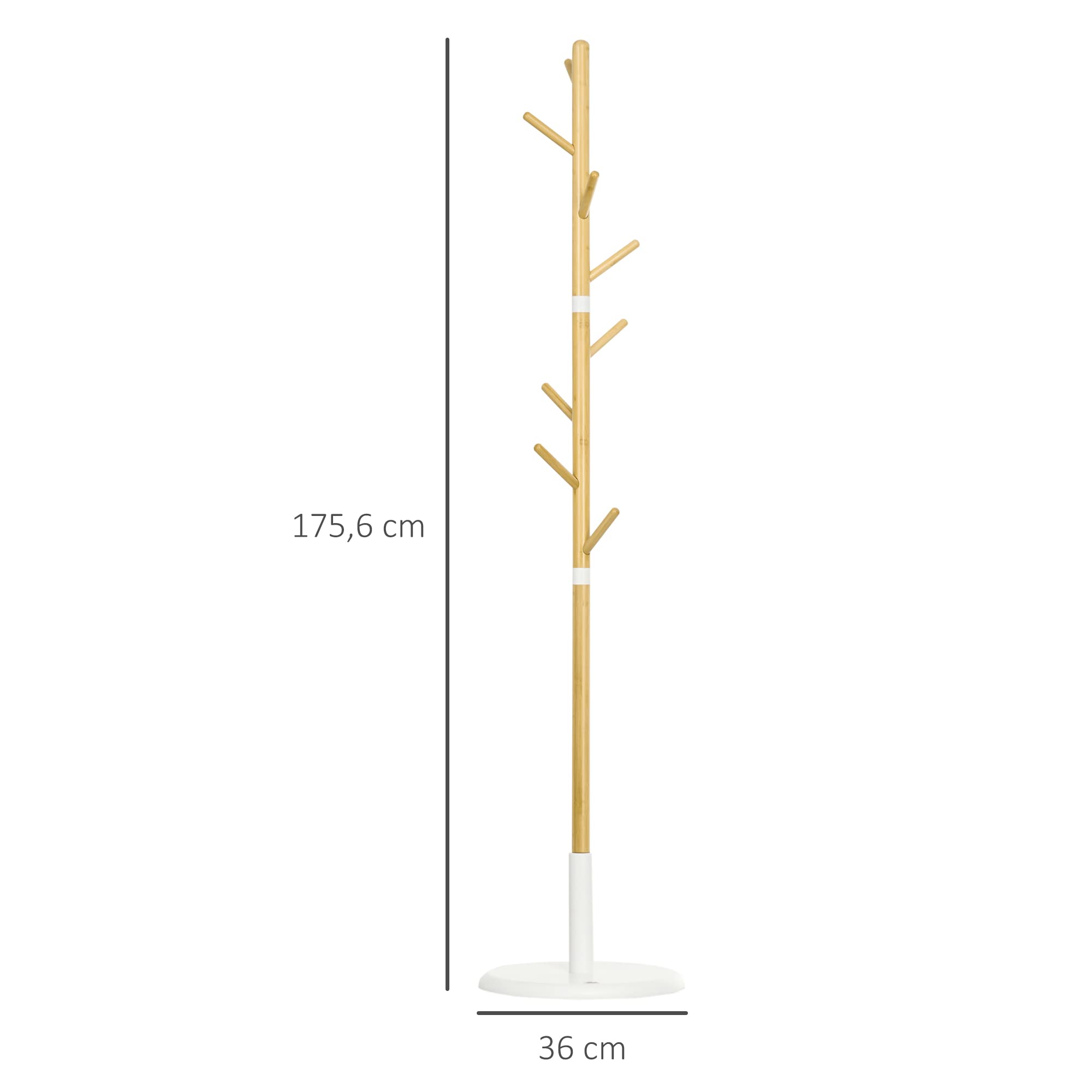 HOMCOM Portemanteau sur Pied Meuble d'Entrée 8 Patères 175,6H cm | Portant à Vêtements, Vestiaire, pour Vêtements Chapeaux, Entrée Couloir, en Bambou et Métal