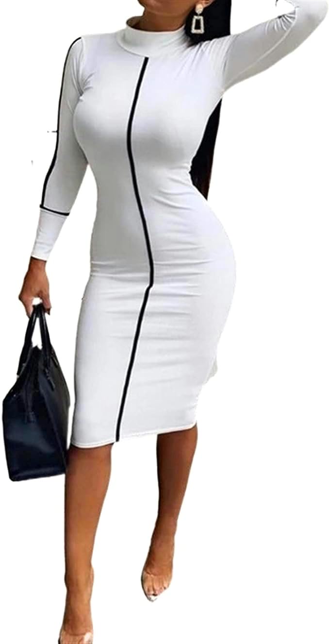Women Dress Body Con Long Sleeve Slim Fit Maxi Dress (Small 8/10 - White) by DKE UK