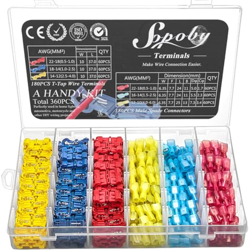Sopoby 360PCS T Tap Wire Connectors AWG 22-10 Electrical Connectors Waterproof Quick Wire Splice Taps with Insulated Male Quick Disconnect Terminals Assortment Kit