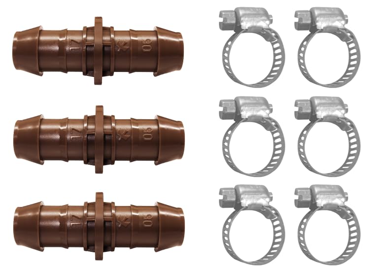LECTO Universal 5/8 1/2 .700 Drip Line Repair & Extension Kit 3 Pack Plastic Couplers with 6 Stainless Steel Hose Clamps