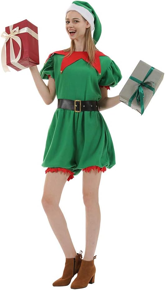 ReneeCho Women Santa Elf Christmas Costumes Jumpsuit with Hat Belt