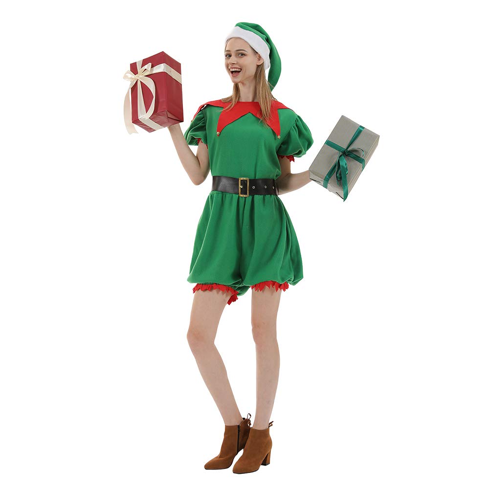 ReneeCho Women Santa Elf Christmas Costumes Jumpsuit with Hat Belt