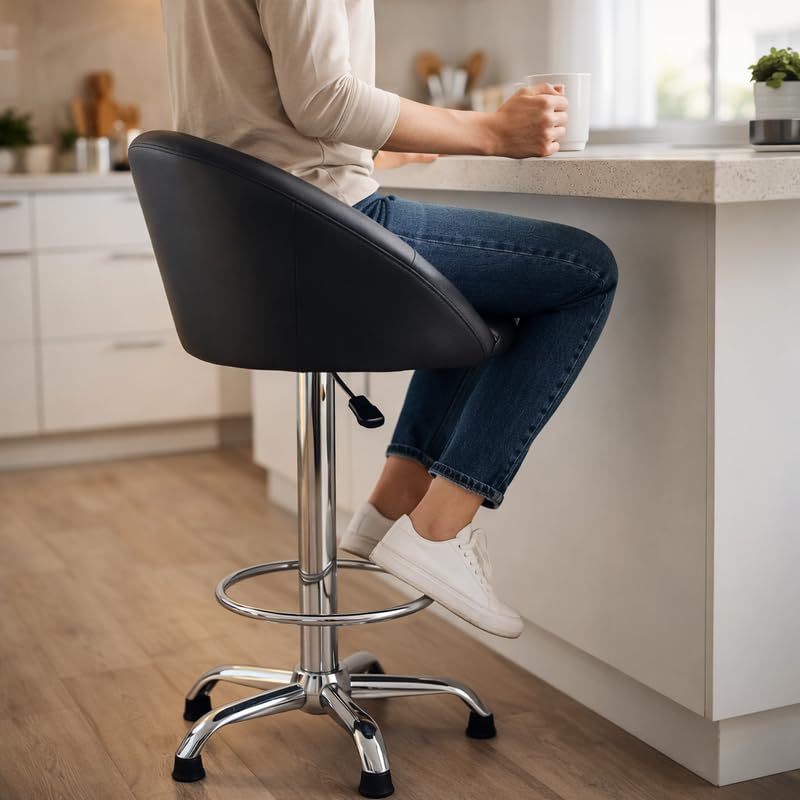 Image of LAVKUSH Sales | 446 Premium Bar Chair (Black) | Ergonomic Mid-Back Revolving Counter Stool with Deep Padded Cushion | Adjustable Gas-Lift Swivel Chair