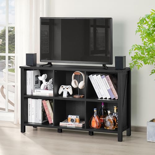 Joaxswe 6 Cube Bookcase, Farmhouse Wood Low Storage Organizer Book Shelf, Black 47\" Horizontal Console Bookshelf with Legs, Hallway Book Case for Entryway, Display Cabinet for Living Room, Office - Thumbnail 6