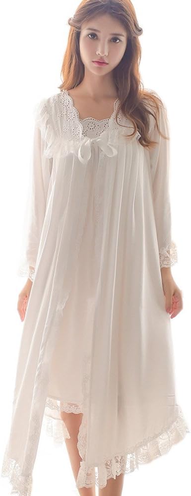 Womens Victorian Nightgown Vintage 2 pcs Sleepwear Nightdress Robes Royal Pajamas Lounge Wear