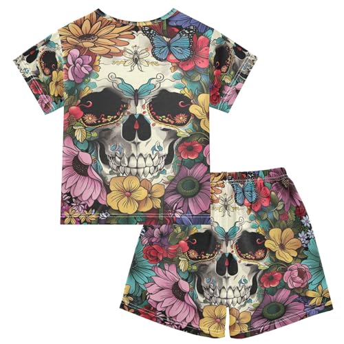 ALAZA Skull Bright Flowers Butterfly Pajama Set Short Sleeve Sleepwear Soft Lounge Nightwear2