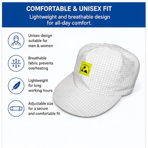 Image of Rojex Blue ESD Cleanroom Cap - Anti-Static, Unisex Headwear for Labs, Electronics, Assembly & Static-Sensitive Work - Polyester, Machine Washable