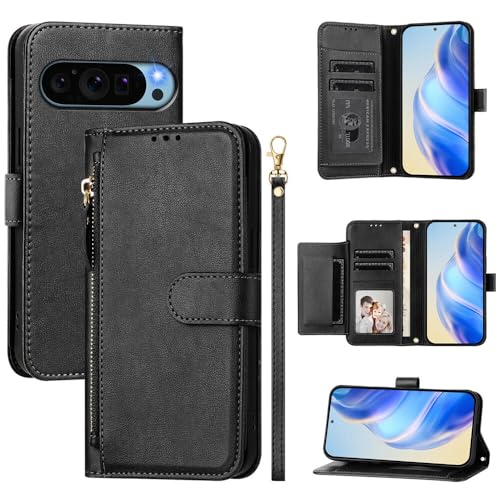 Étui portefeuille Google Pixel 7 noir en cuir avec fermeture éclair et sangle