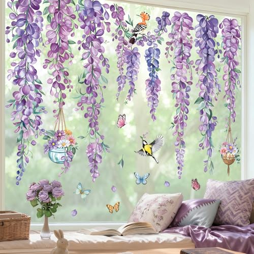 decalmile Autocollants Fenêtre Fleurs été Printemps Anti-Collision Stickers Suspendues Fleurs Glycine Violet Papillon Stickers Vitre Anti-Adhésifs Fenêtre...