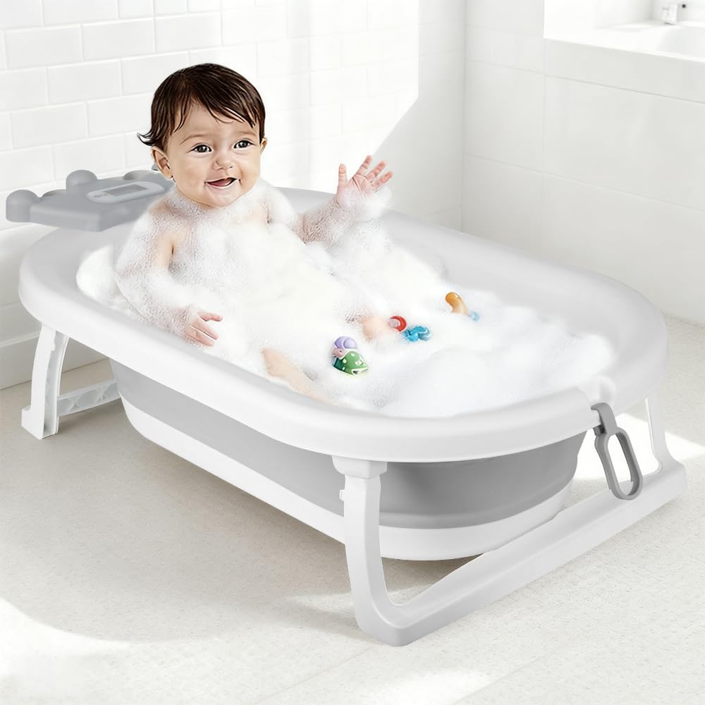 Homewell Vasca da bagno pieghevole per neonati con cuscino da bagno e termometro digitale, vasca da bagno per bambini per la casa e i viaggi, ideale per regalo di nascita, ragazza o ragazzo (corona)