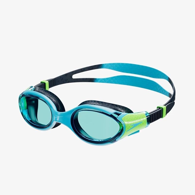 Ochelari de înot pentru copii Speedo Biofuse 2.0 - Hypersonic Blue/Lumo Green, lentile transparente, anti-aburire, rezistenți la apă, reglare ușoară