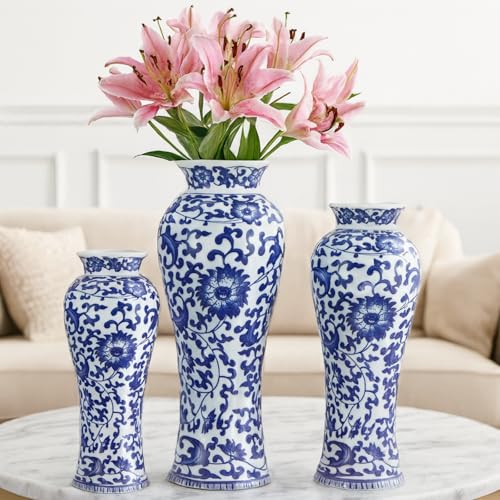 LemonRoad 3 Pack Chinoiserie Vases Porcelain Blue and White Vases