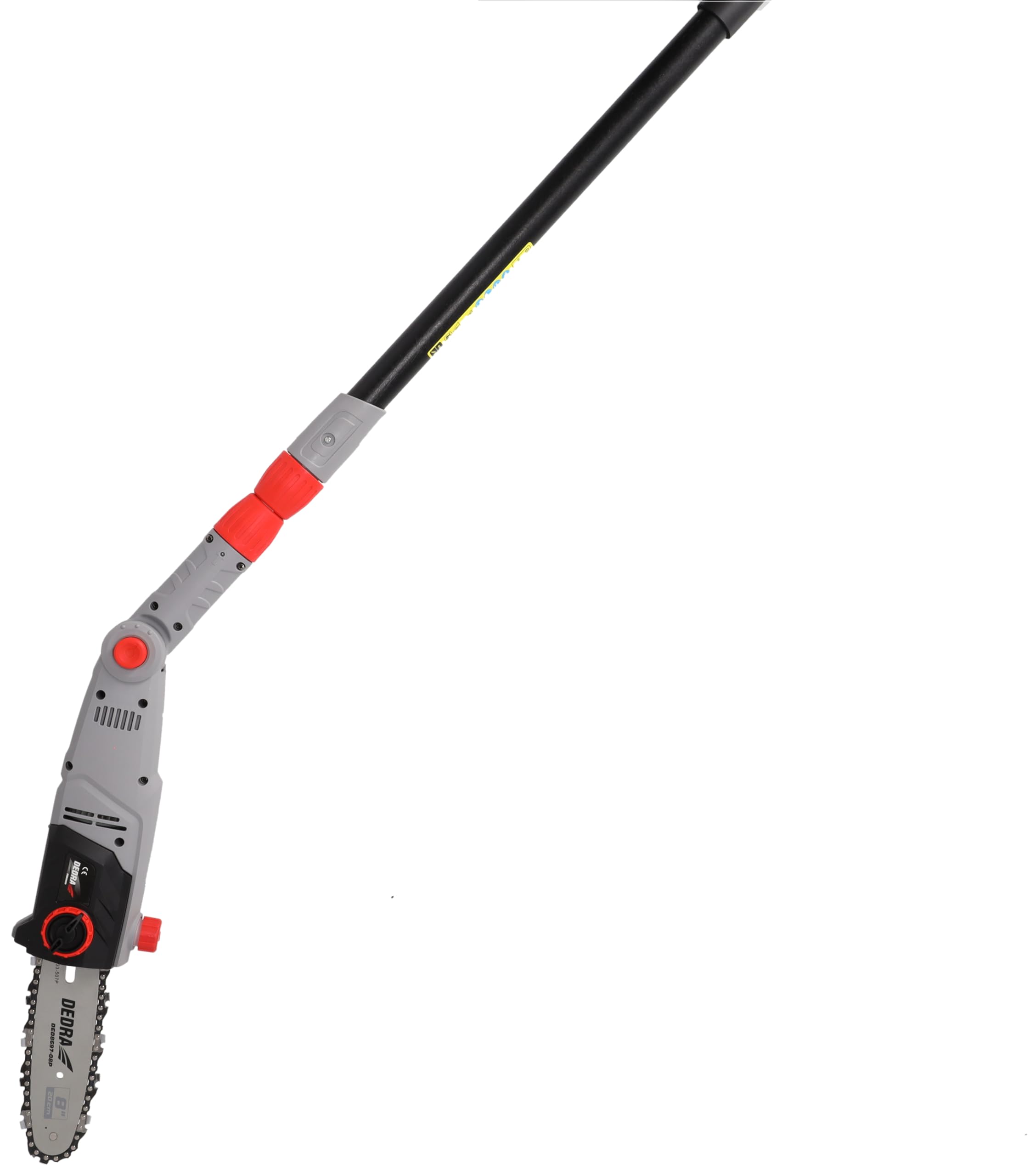DEDRA Motosierra eléctrica DED8699 2,85 m con brazo telescópico, 750 W, 8", velocidad de cadena eficiente: 11 m/s, sistema sin herramientas para tensar la cadena, ángulo de cabeza ajustable +/-30°