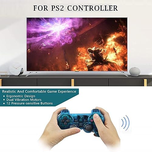 Wireless Controller for PS2,Built-in Dual Vibration 2.4G Gamepad Joystick Compatible for PS2,with Wireless Receivers (Clear Blue)